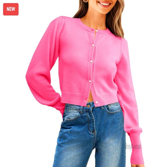 Sweaters - Cropped Cardigan Sweater Crew Neck Button Down Long Puff Sleeve Loose Knit
